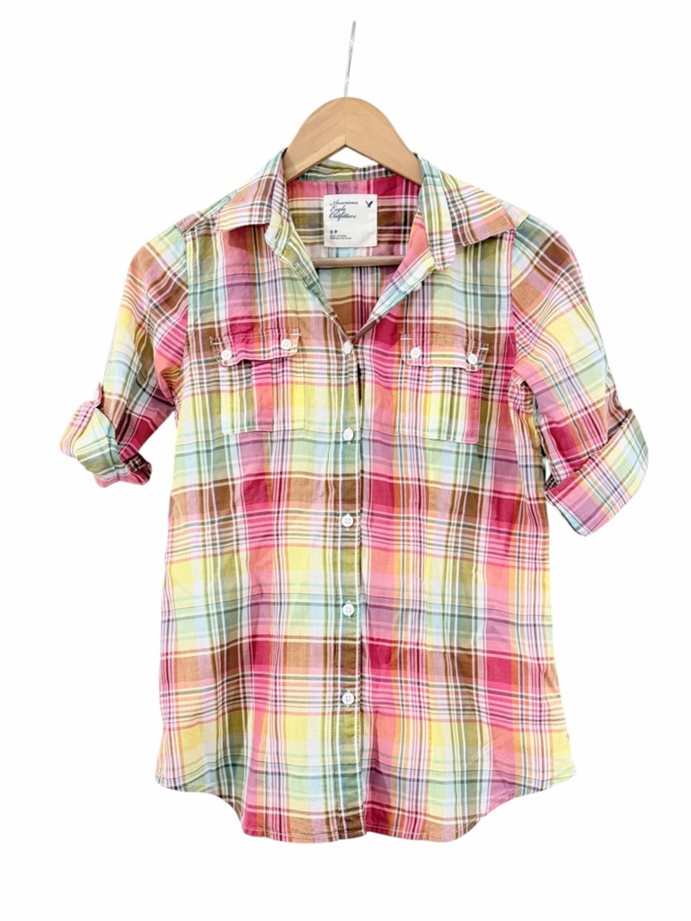 American Eagle Outfitters Plaid Button-Up Shirt - Pink, Yellow, Green Size S